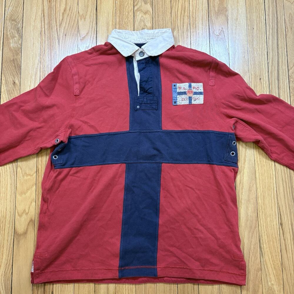 Polo Ralph Lauren L Shirt Rugby UK British Flag England VTG Naval Red Navy 90s